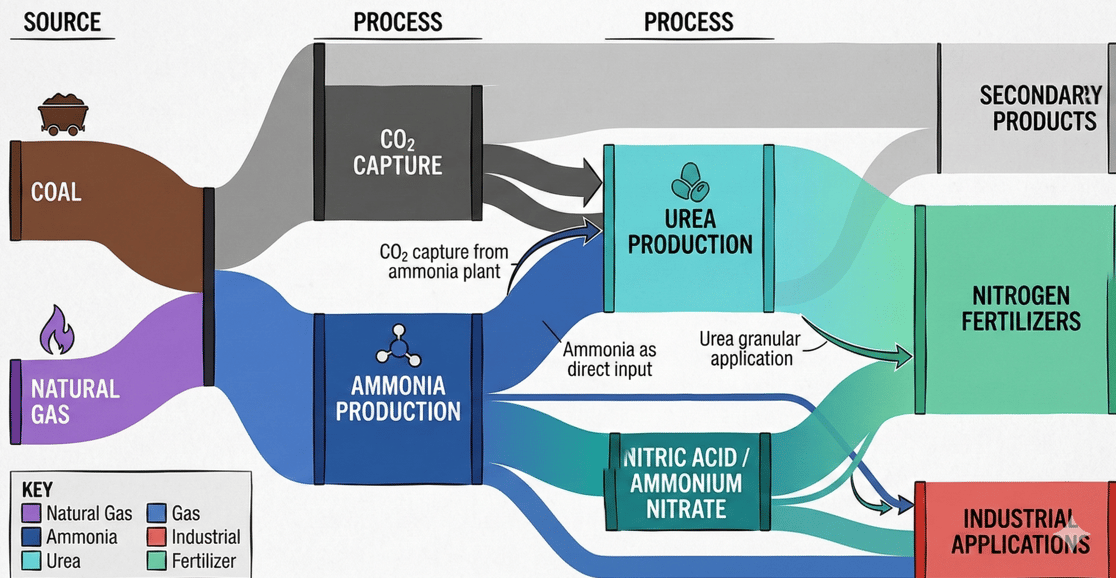 Simplified Sankey diagram explaining the relationship between feedstock and nitrogen fertilisers